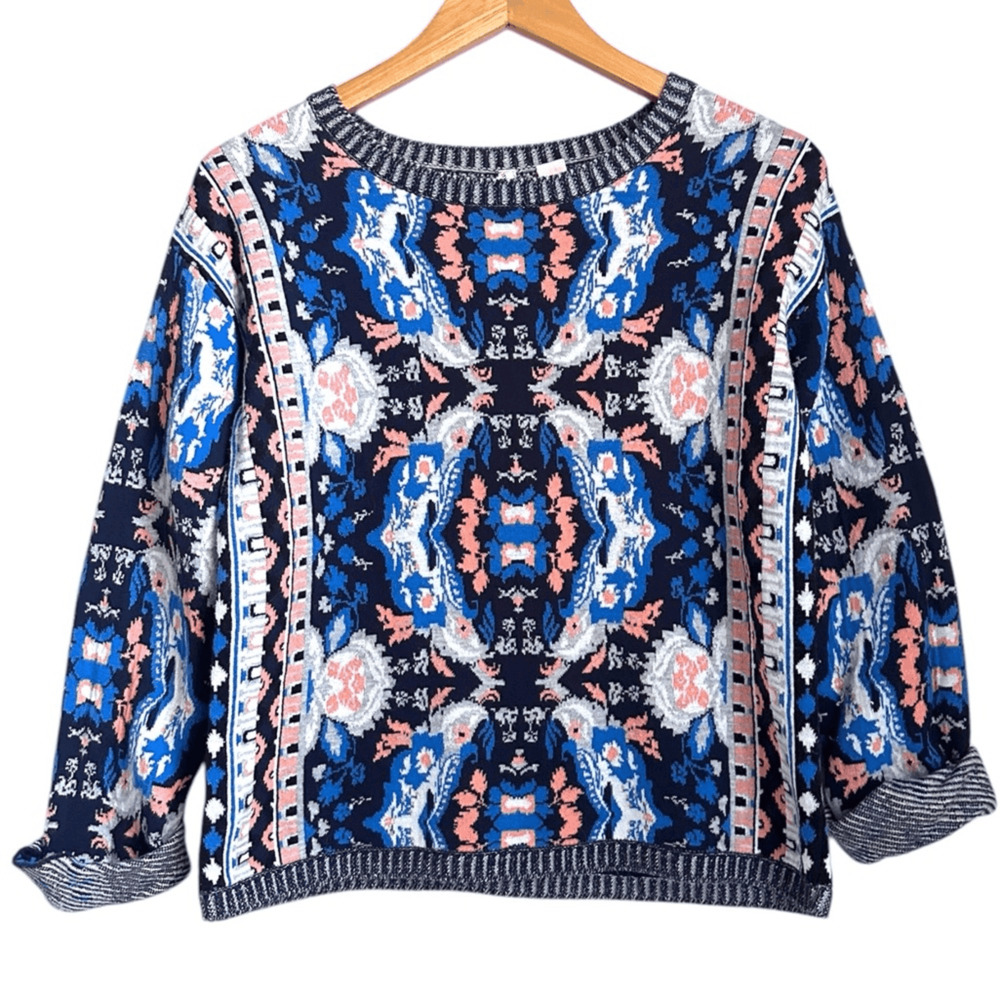Moth Anthropologie Small Navy Tapestry Ikat Knit Sweater Silk Blend Grandmacore